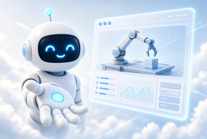 A 3D illustration of a white robot with glowing blue eyes holding a device, beside a holographic screen displaying a robotic arm and data charts against a cloudy sky.