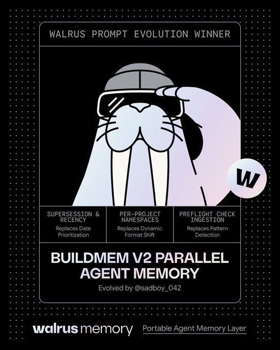 The image is a promotional graphic titled "WALRUS PROMPT EVOLUTION WINNER" featuring a cartoon walrus wearing sunglasses, celebrating the "BUILDMEM V2 PARALLEL AGENT MEMORY" evolved by @sadboy_042 on Walrus Memory, with three feature highlights: Supersession & Recency, Per-Project Namespaces, and Preflight Check Ingestion. The graphic visually reinforces the post's announcement of the winning BuildMEM v2 upgrade, showcasing its key innovations for portable agent memory across separate sessions.