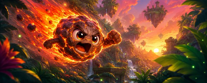 A fiery, fist-pumping lava creature charges through a vibrant tropical landscape at sunset, embodying the explosive energy and risk of tight liquidity ranges on Meteora's DLMM—where high capital efficiency can quickly go "out of range" if the price moves beyond your selected bins.