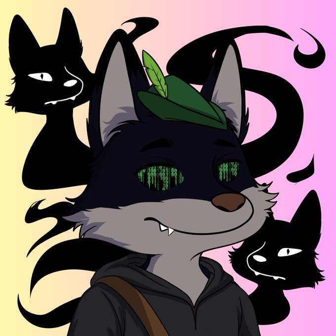 An anthropomorphic wolf character wearing a green leaf hat and hoodie has glowing green digital text in place of eyes, surrounded by shadowy black cat figures against a pastel gradient background.