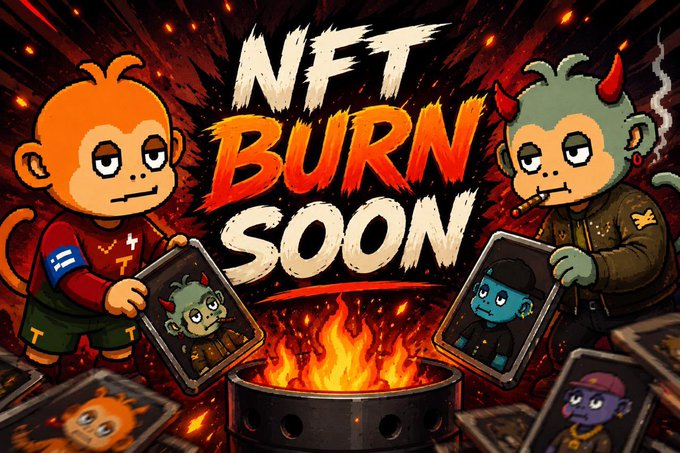 Two cartoon characters—an orange monkey and a green devil—hold NFT cards over a flaming barrel beneath bold text reading "NFT BURN SOON," visually echoing the post's message that the next phase is loading.
