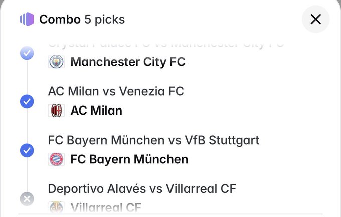 A betting slip titled 'Combo 5 picks' showing successful selections for Manchester City FC, AC Milan, and FC Bayern München, with Villarreal CF crossed out.