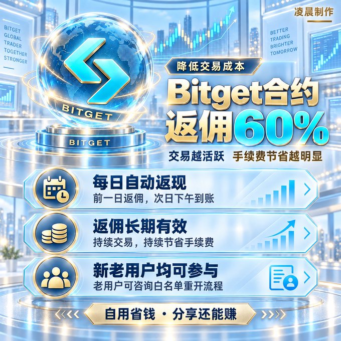 A promotional graphic for Bitget featuring the Bitget logo, with Chinese text advertising a 60% rebate on contract trading fees and features like daily automatic rebates.
