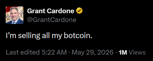The image features a man wearing a suit, with the caption "Just In: Fund Manager @GRANTCARDONE Says he is selling all his Bitcoin." The text appears to be a humorous statement about someone promoting Bitcoin or cryptocurrency.