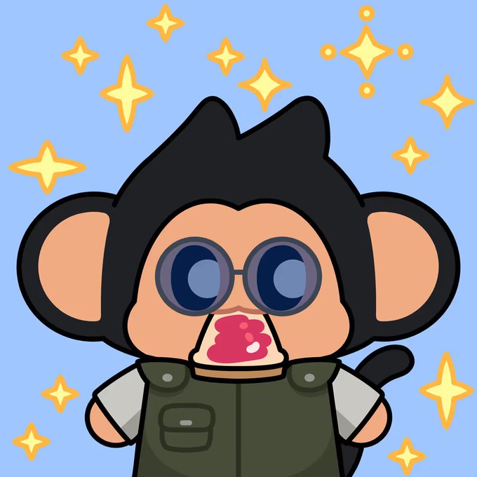 A cute cartoon illustration of a black-haired monkey character with large round goggles, a pacifier in its mouth, wearing a green vest, set against a blue background with yellow sparkles.