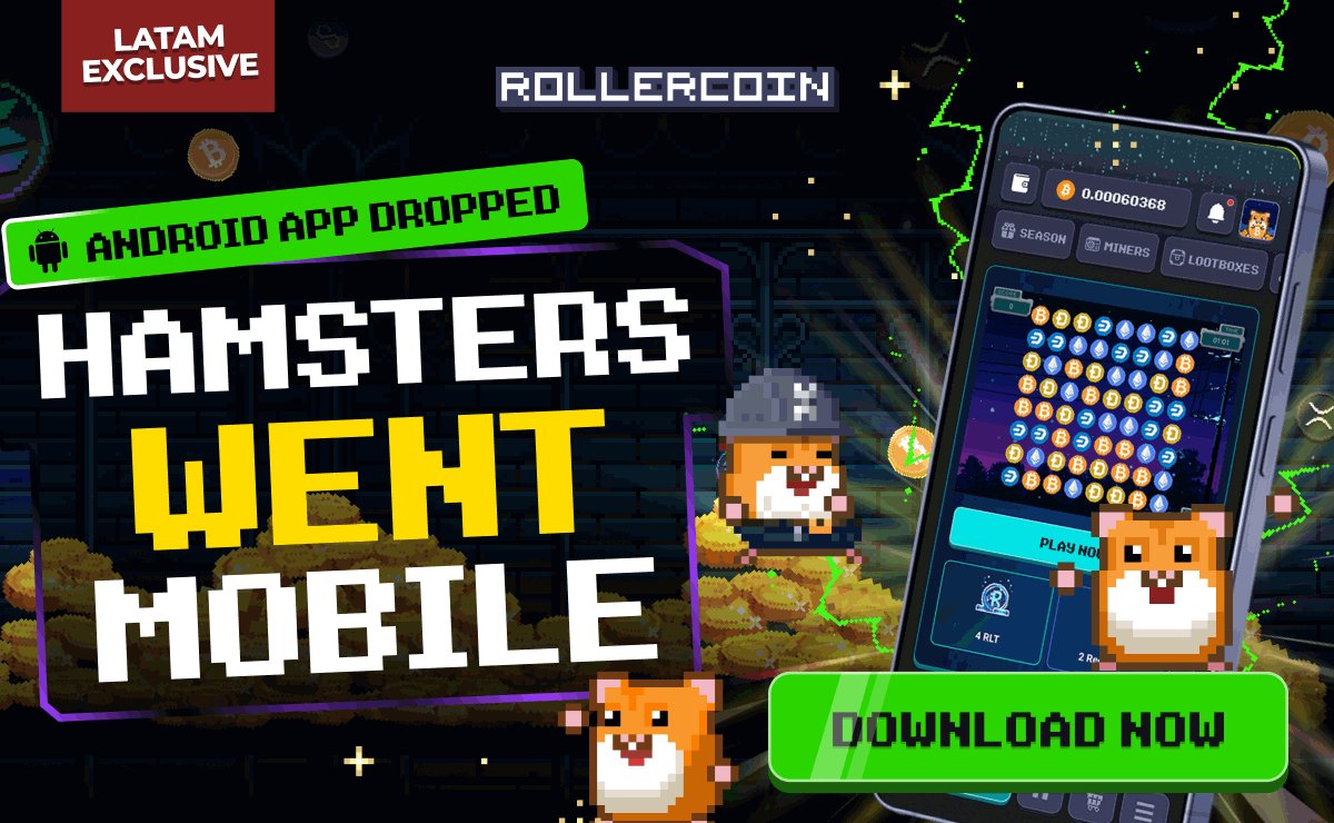 The image features a poster for a mobile game called "Hamsters Went Mobile" with a hamster character on the phone screen, which has the text "It's OFFICIAL! RollerCoin Mobile is now available on your phone Starting with an exclusive LATAM Android release and expanding worldwide soon Download it now on the Google Play Store Jump in, and start playing". The poster also includes a link to the game app.
