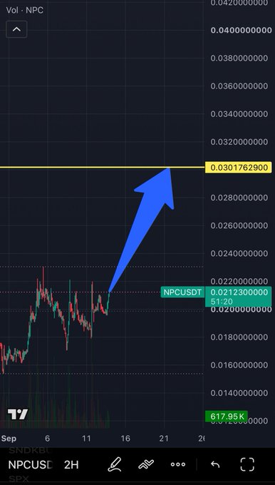 A cryptocurrency trading chart showing NPCUSD price movement with a blue arrow pointing to a resistance level at 0.03017629000.