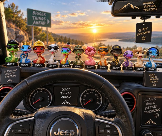 A Jeep dashboard scene featuring a row of small Slippy snake figurines, with road signs and stickers reading "BIGGER THINGS AHEAD," "DISCIPLINE CREATES FREEDOM," "GOOD THINGS AHEAD," "HIGHER FURTHER TOGETHER," "SLIPPY EVERYWHERE," and "SNAKES BUILD BETTER TOMORROWS."