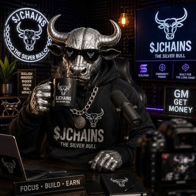 A silver bull mascot wearing sunglasses and a '$JCHAINS THE SILVER BULL' hoodie holds a branded mug while sitting at a desk surrounded by crypto promotional signs reading 'FOCUS • BUILD • EARN' and 'GM GET MONEY'.