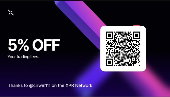 The image shows a promotional poster for a cryptocurrency exchange called "XPRR". The poster features a QR code that reads "5% Off Your Trading Fees" with a purple arrow pointing towards it, indicating a 5% discount on trading fees. Below this information is a message encouraging users to share the code with new traders in order to earn 25% of their trading fees through the Metal X Referral Program. The poster also includes a link to the exchange's website for more details and instructions on how to use the referral program.