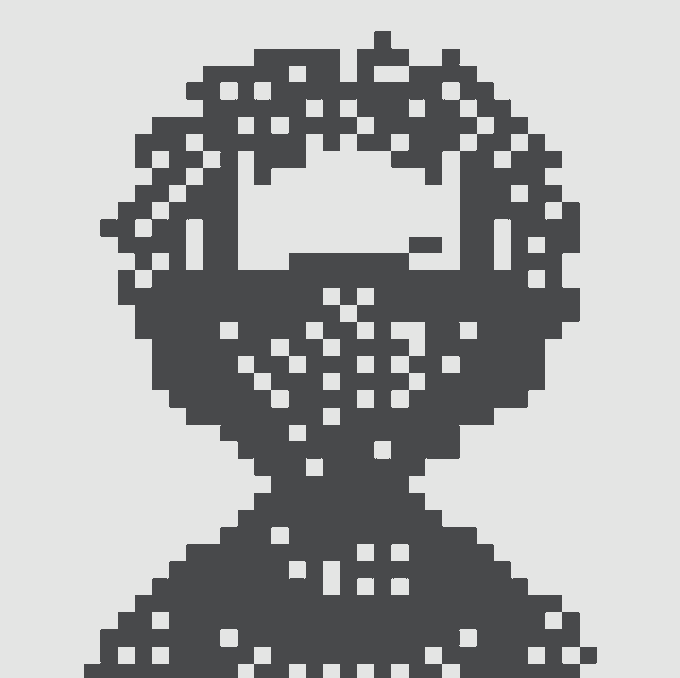 A pixel art portrait of a stylized figure with large pixelated sunglasses on a white background.