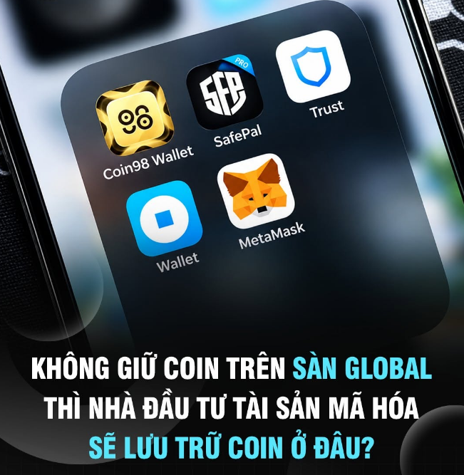 A promotional graphic showing cryptocurrency wallet apps (Coin98 Wallet, SafePal Pro, Trust, Wallet, MetaMask) on a smartphone screen, with Vietnamese text asking where investors should store their coins if not on a global exchange.