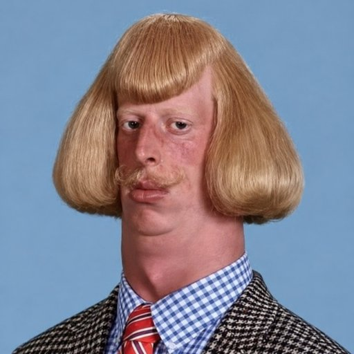 A humorous portrait of a man with a distinctive bowl haircut, long sideburns, and a handlebar mustache, wearing a checkered shirt, tweed jacket, and striped tie against a blue background.
