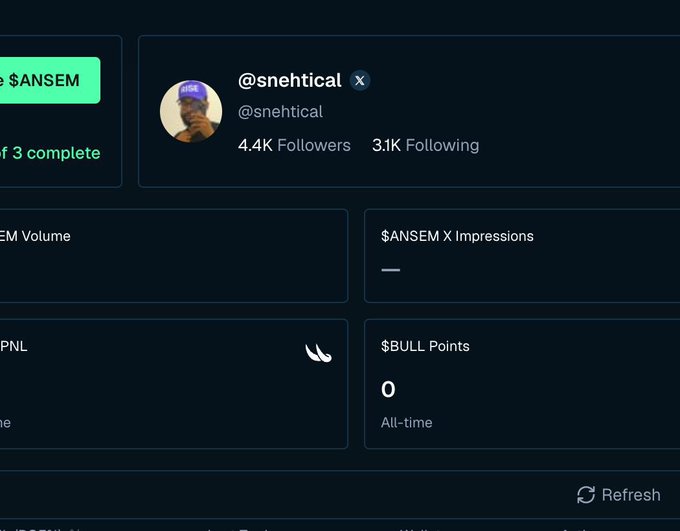 A social media dashboard showing the X (Twitter) profile @snehtical with 4.4K Followers and 3.1K Following, alongside $ANSEM metrics including $BULL Points at 0.