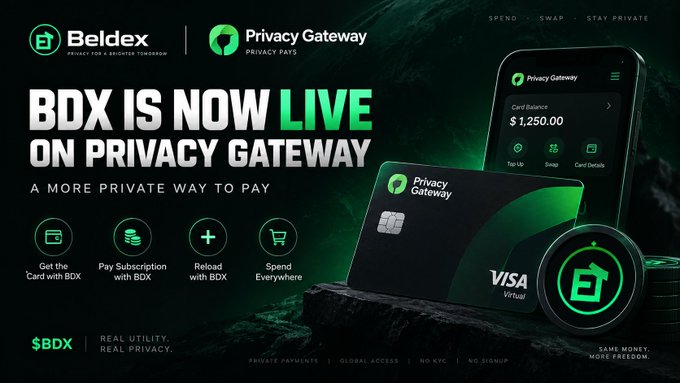 A promotional graphic announces 'BDX IS NOW LIVE ON PRIVACY GATEWAY' by Beldex, featuring a virtual Visa card and mobile app interface with green-themed branding.