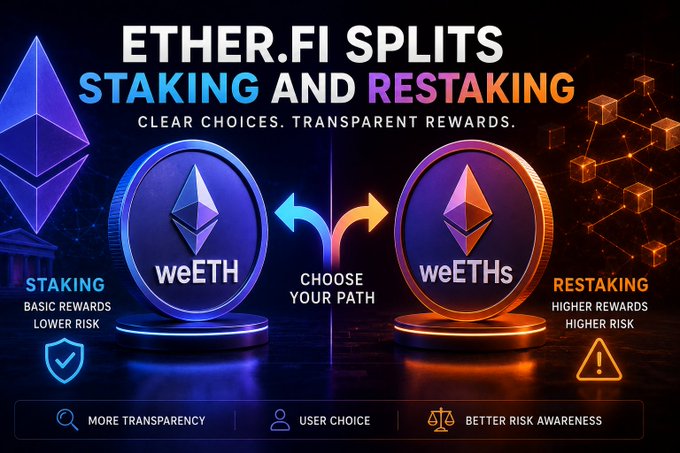 A promotional graphic for Ether.fi titled 'ETHER.FI SPLITS STAKING AND RESTAKING' showing two coin options, weETH (staking) and weETHs (restaking), with the tagline 'CLEAR CHOICES. TRANSPARENT REWARDS.'