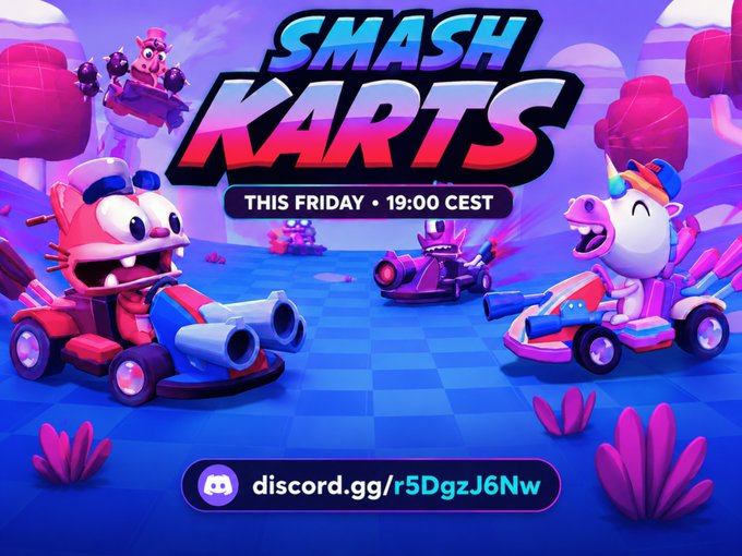 A promotional graphic for 'SMASH KARTS' featuring colorful cartoon characters racing in karts, announcing 'THIS FRIDAY • 19:00 CEST' with a Discord invite link 'discord.gg/r5DgzJ6Nw'.