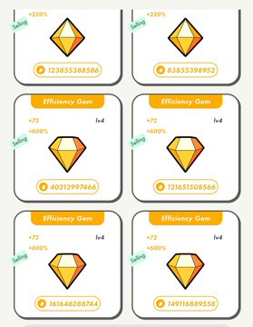 Six Efficiency Gem in-game items from what appears to be a play-to-earn game, showing level 4 gems with +72 efficiency and +600% bonuses, each with unique token IDs.