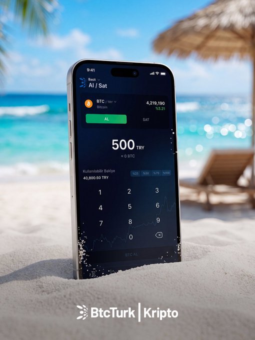 A smartphone on a sandy beach displays the BtcTurk Kripto app's Simple Buy/Sell interface, showing 500 TRY entered with BTC/TRY priced at 4,219,190, illustrating the app's easy trading feature mentioned in the post.