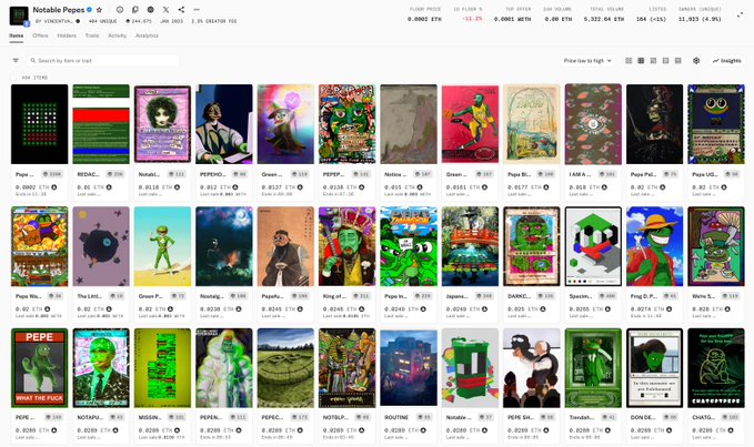 A screenshot of the Notable Pepes NFT marketplace showing a grid of pixel-art Pepe character collectibles with various prices in ETH.