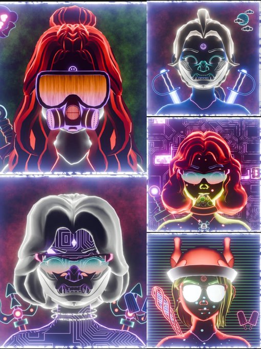 A collage of five neon-outlined stylized portraits featuring figures with glowing eyewear, gas masks, and futuristic accessories in vibrant purple, pink, and blue tones.