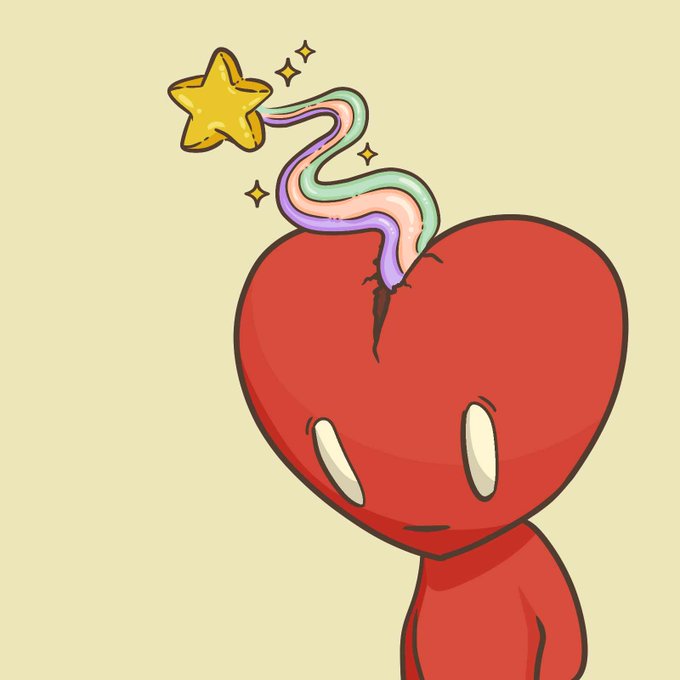 A cartoon illustration of a red heart-shaped character with a colorful trail and yellow star shooting out of a crack in its head, set against a cream background.