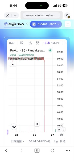 Mobile screenshot of Crypto DAO showing a Pancakeswap token chart that has dropped sharply to 40.00, displaying the URL www.cryptodao.pro.