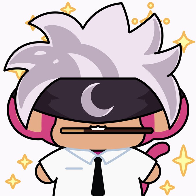 A cartoon character with spiky white hair, a black sleep mask with a moon symbol, and pink headphones holds a stick in their mouth.