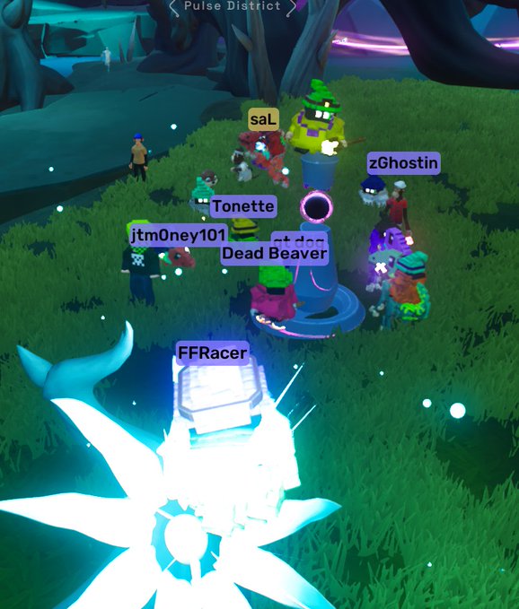 A screenshot from the online game Roblox showing several player avatars gathered around a glowing blue object in the 'Pulse District' area, with usernames like FFRacer, Dead Beaver, and zGhostin visible above them.