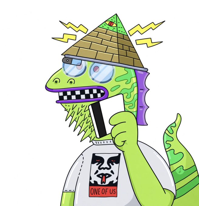 A cartoon green iguana-reptilian character wearing a pyramid/Illuminati-style hat and a shirt reading "ONE OF US" holds a credit card, with a background logo matching the official "Creepz" NFT collection, tying in to the post's reference to Creepz as the "Green OG" of NFT collectibles.