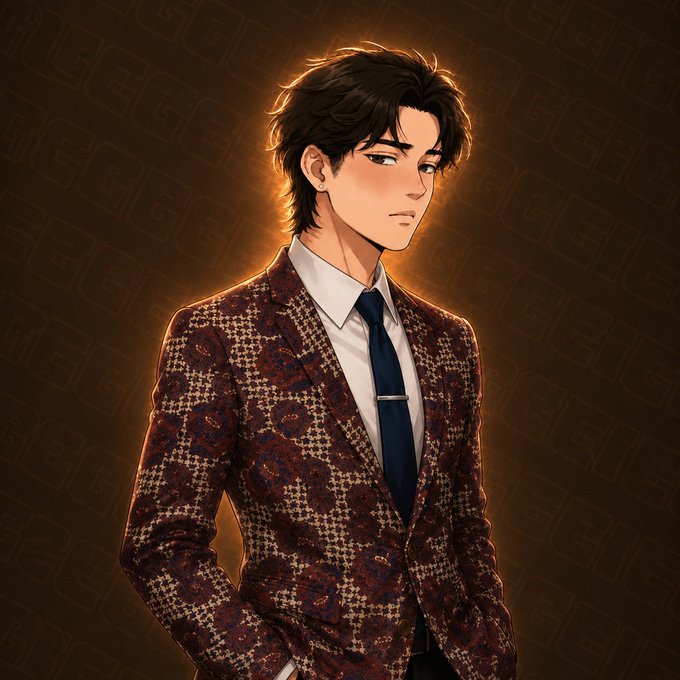A digital illustration in an anime style depicting a young man with dark, messy hair and a serious expression, wearing a dark tie and a reddish-brown patterned blazer against a warm, patterned background.