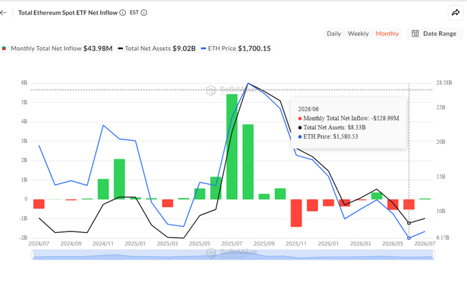 A Coinglass chart titled 'Total Ethereum Spot ETF Net Inflow' showing monthly total net inflow of $43.98M, with data points highlighted for 2026-06 showing -$528.99M.