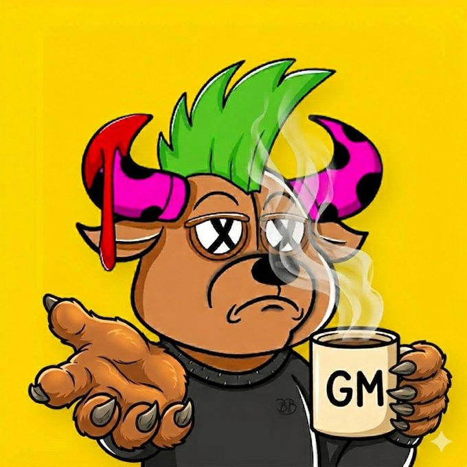 A cartoon illustration of a grumpy horned creature with green hair, X-shaped eyes, and pink horns holds a steaming coffee mug labeled "GM" against a bright yellow background, with one hand outstretched offering a casual morning greeting—directly matching the post's "Gm fam" (good morning) message paired with an affectionate "Love you."