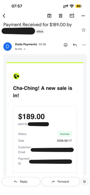 A mobile email screenshot showing a Dodo Payments confirmation of a successful $189.00 transaction received on 2026-09-17, with customer details redacted.