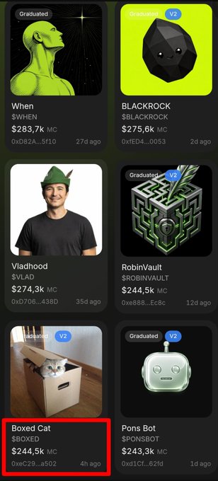 A crypto/NFT marketplace listing showing various meme coin tokens with their market caps, including 'When' ($WHEN), 'BLACKROCK' ($BLACKROCK), 'Vladhood' ($VLAD), 'RobinVault' ($ROBINVAULT), 'Boxed Cat' ($BOXED), and 'Pons Bot' ($PONSBOT).