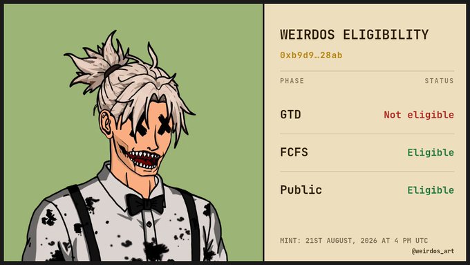 A graphic showing an anime-style character with white hair and a creepy smile on the left, alongside a 'WEIRDOS ELIGIBILITY' table showing status for GTD (Not eligible), FCFS (Eligible), and Public (Eligible) phases, with mint date of 21st August, 2026.