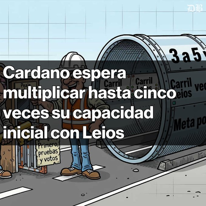 An illustrated cartoon of Elon Musk in a hard hat holding a Tesla sign beside a large cylindrical vehicle, overlaid with the Spanish text: “Cardano espera multiplicar hasta cinco veces su capacidad inicial con Leios.”