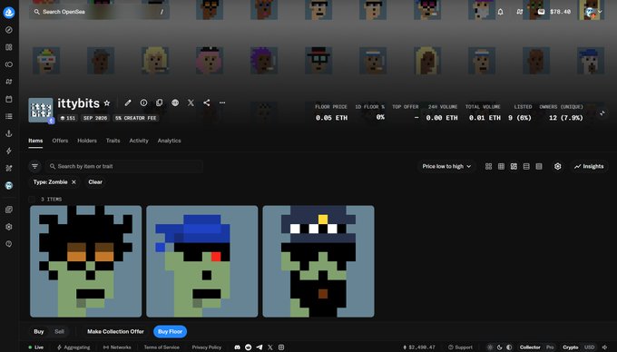 A screenshot of the OpenSea NFT marketplace showing the 'ittybits' collection featuring pixel art zombie avatars, with collection stats including a floor price of 0.05 ETH and volume of 0.01 ETH.