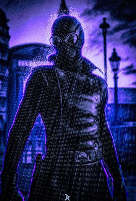 A stylized digital illustration depicts a masked figure in goggles and a trench coat standing in the rain at night, surrounded by a glowing purple aura and faint neon signs.