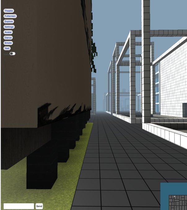 A screenshot from a 3D virtual environment or game showing a walkway between modern buildings, with a menu on the left displaying options like 'Theatre', 'Fullscreen', 'Settings', 'Avatar', and 'Send'.