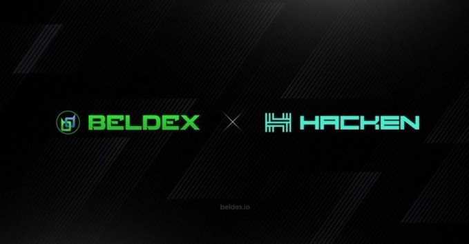 A dark graphic announcing a partnership between 'BELDEX' and 'HACKEN' with their respective logos separated by an X, and the URL 'beldex.io' below.