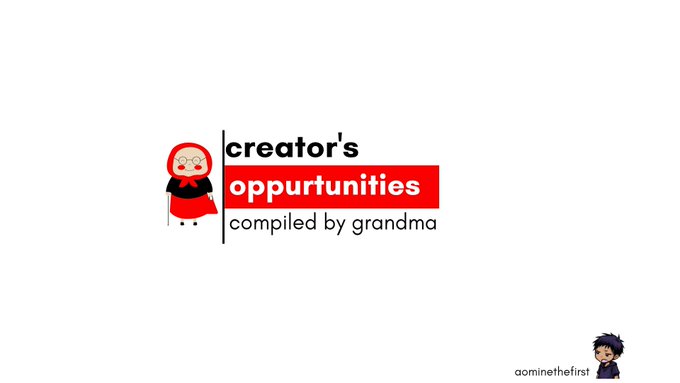 A logo featuring a red matryoshka doll character wearing glasses with text 'creator's opportunities compiled by grandma' alongside the handle 'aominthefirst'.