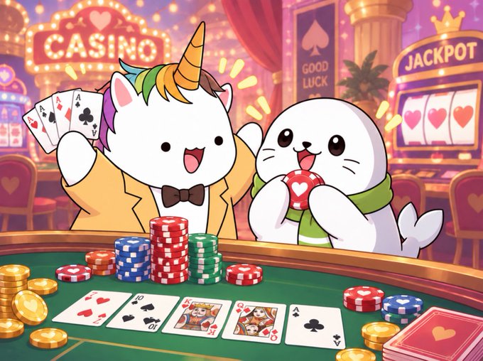 A colorful cartoon illustration featuring a unicorn-cat in a tuxedo and a seal at a casino poker table, with playing cards, chips, and casino signs reading 'CASINO', 'GOOD LUCK', and 'JACKPOT' in the background.