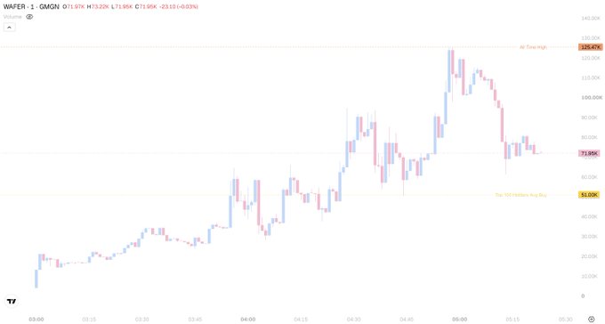 A TradingView stock chart displays the price action for WAFER (GMGN) with an all-time high of 125.57K and current price of 73.96K, showing -23.10 (-0.03%) movement.
