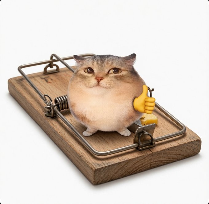 A fluffy golden British Shorthair cat sits on a wooden mousetrap, holding a yellow thumbs-up emoji, against a white background.