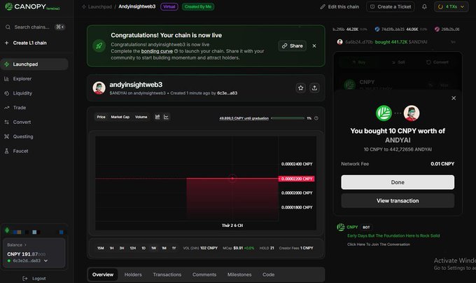 A screenshot of the Canopy Launchpad interface showing a successful L1 chain creation for 'andylnsightweb3' with a confirmation that 'You bought 10 CNPY worth of ANDYAI' on testnet, displaying a market cap of 49,889.5 CNPY.