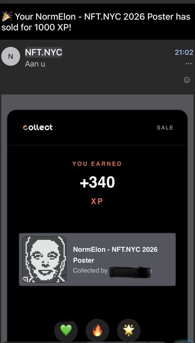 A mobile app screenshot from NFT.NYC showing 'YOU EARNED +340 XP' for collecting a 'NormElon - NFT.NYC 2026 Poster' pixel art NFT.