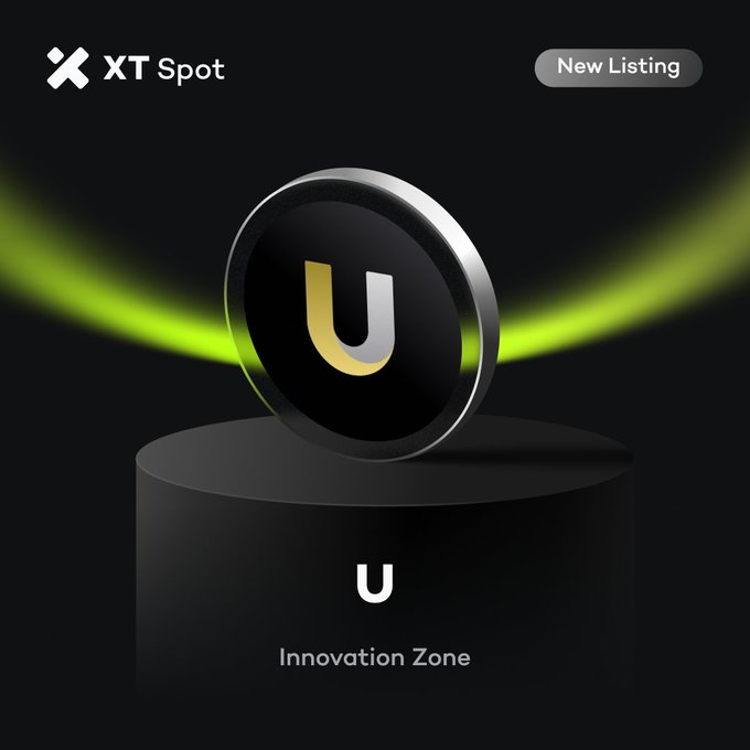 A sleek black promotional graphic from XT Spot announcing the new listing of $U (United Stables) in the Innovation Zone, featuring a metallic coin with the letter "U" displayed on a pedestal against a dark background with green light accents, matching the post's listing details and trading schedule.