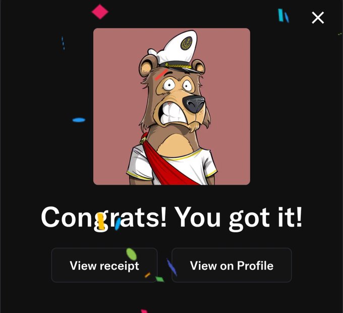 A digital notification screen with a cartoon bear character in a sailor hat and Roman-style toga, reading 'Congrats! You got it!' with buttons for 'View receipt' and 'View on Profile'.