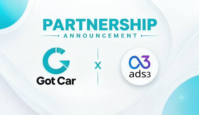 A partnership announcement graphic featuring the "GOTCAR" and "ads3" logos beneath a "PARTNERSHIP ANNOUNCEMENT" header, with an "x" symbol between them indicating a collaboration. The clean, teal-and-white design visually represents the newly formed alliance between the two Web3 platforms.